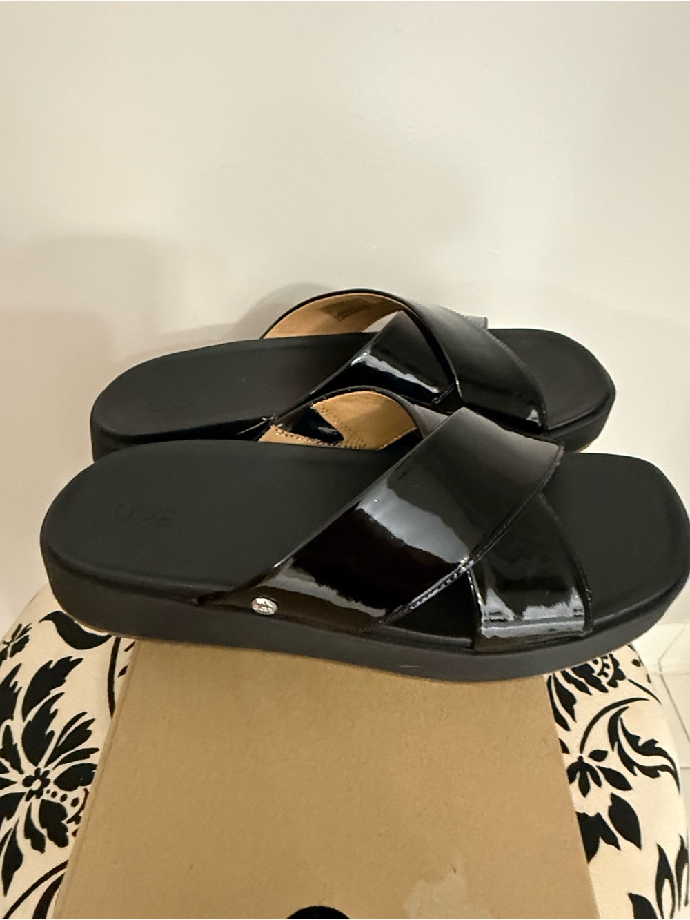 UGG Black Patent Crisscross Slide Mules